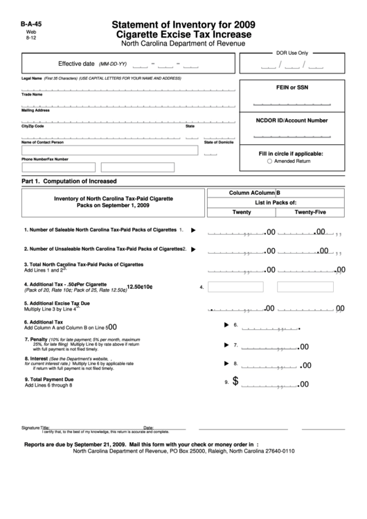 Fillable Form B-A-45 - Statement Of Inventory For 2009 Cigarette Excise Tax Increase Printable pdf