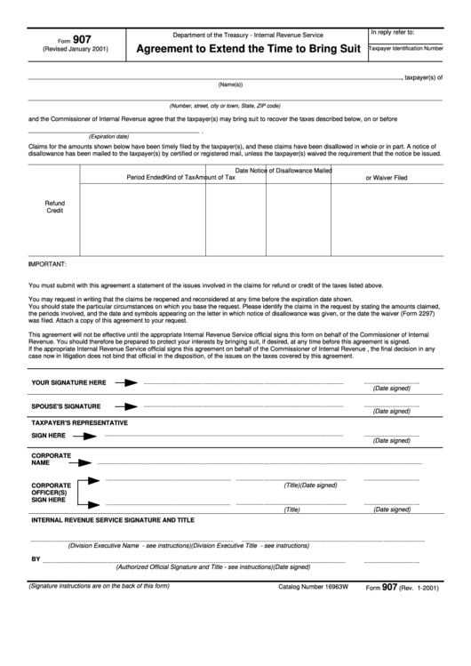 Fillable Form 907 - Agreement To Extend The Time To Bring Suit Printable pdf