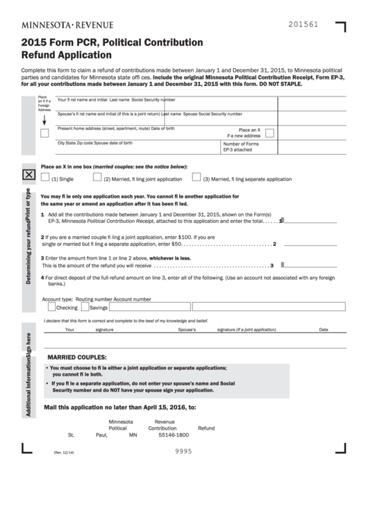 Fillable Form Pcr - Minnesota Political Contribution Refund Application - 2015 Printable pdf