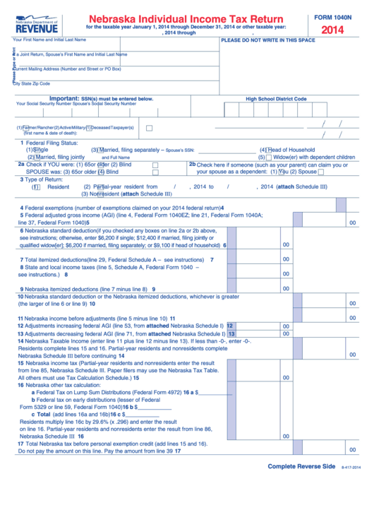 Fillable Form 1040n - Nebraska Individual Income Tax Return - 2014 Printable pdf