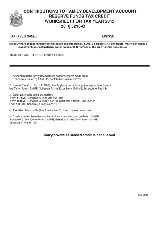 Maine Contributions To Family Development Account Reserve Funds Tax Credit Worksheet For Tax Year 2015 Printable pdf