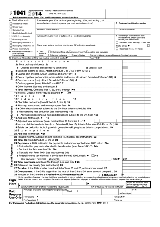 Fillable Form 1041 - U.s. Income Tax Return For Estates And Trusts - 2014 Printable pdf