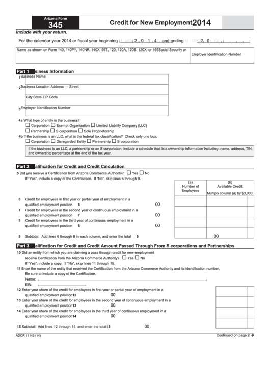 Fillable Form 345 - Arizona Credit For New Employment - 2014 Printable pdf