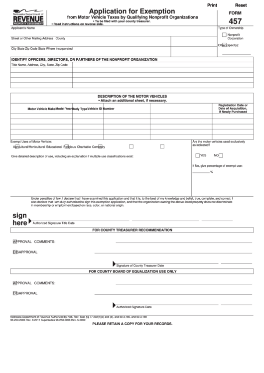 Fillable Form 457 Application For Exemption From Motor Vehicle Taxes By Qualifying Nonprofit
