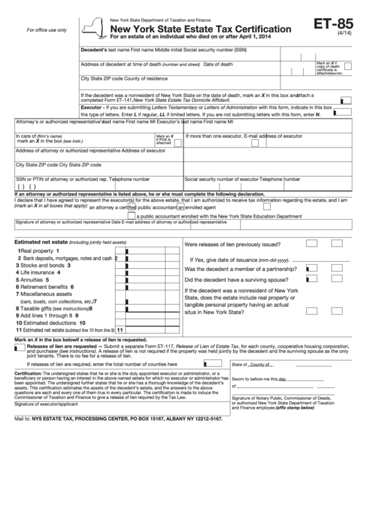 Form Et-85 - New York State Estate Tax Certification Printable pdf