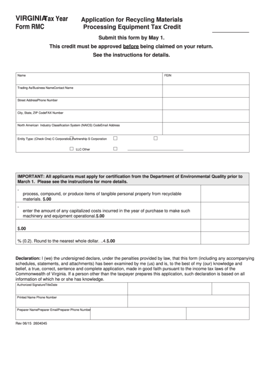 Fillable Form Rmc - Application For Recycling Materials Processing Equipment Tax Credit Printable pdf