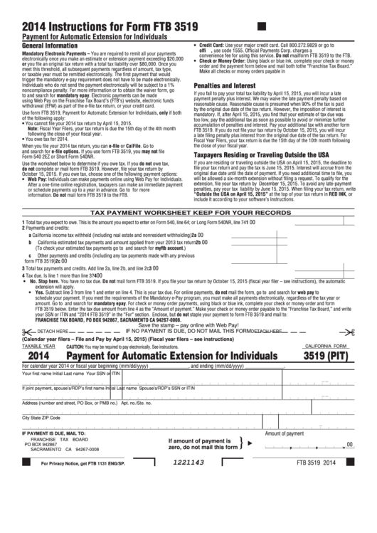 Fillable Form 3519 (Pit) - California Payment For Automatic Extension For Individuals - 2014 Printable pdf