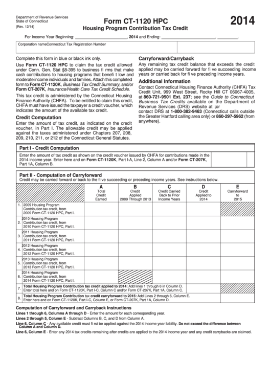 Form Ct-1120 Hpc - Connecticut Housing Program Contribution Tax Credit - 2014 Printable pdf
