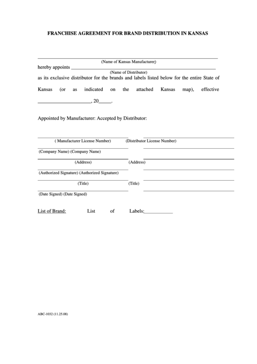 Form Abc-1032 - Franchise Agreement For Brand Distribution In Kansas Printable pdf