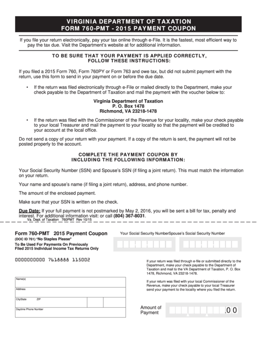 Fillable Form 760-Pmt - Virginia Payment Coupon - 2015 Printable pdf