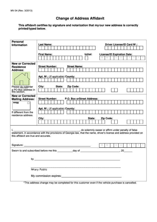Fillable Form Mv-34 - Change Of Address Affidavit Printable pdf