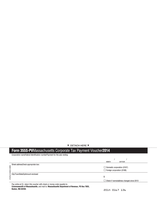 Form 355s-Pv - Massachusetts Corporate Tax Payment Voucher - 2014 Printable pdf