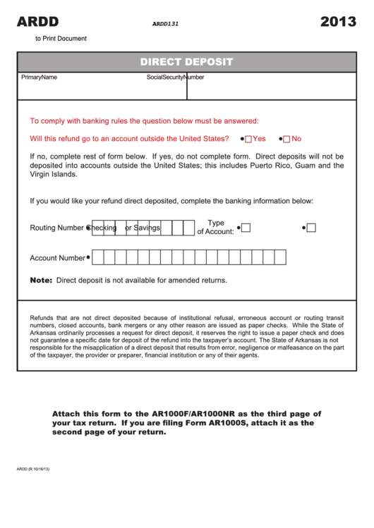 Fillable Form Ardd - Arkansas Direct Deposit - 2013 Printable pdf