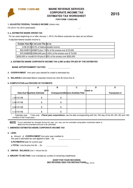 Form 1120w-Me - Maine Revenue Services Corporate Income Tax Estimated Tax Worksheet - 2015 Printable pdf