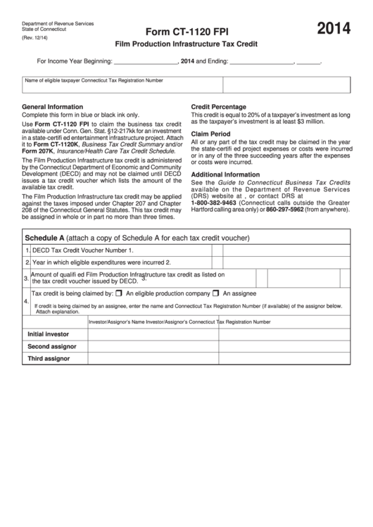 Form Ct-1120 Fpi - Connecticut Film Production Infrastructure Tax Credit - 2014 Printable pdf