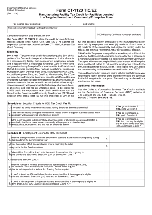 Form Ct-1120 Tic/ez - Connecticut Manufacturing Facility Tax Credit For Facilities Located In A Targeted Investment Community/enterprise Zone Printable pdf