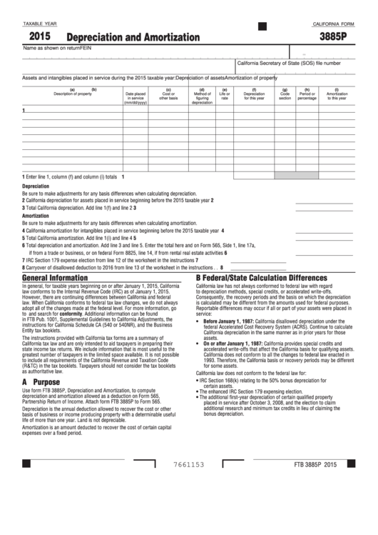 Form 3885p - California Depreciation And Amortization - 2015 Printable pdf