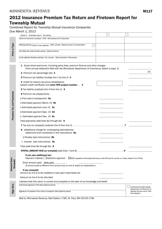Fillable Form M11t - Insurance Premium Tax Return And Firetown Report For Township Mutual - 2012 Printable pdf