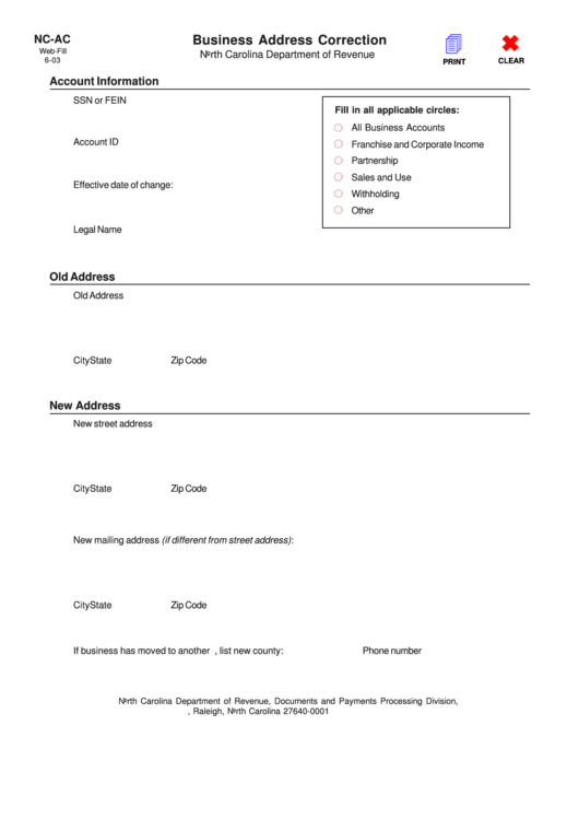 Fillable Form Nc-Ac - North Carolina Business Address Correction Printable pdf