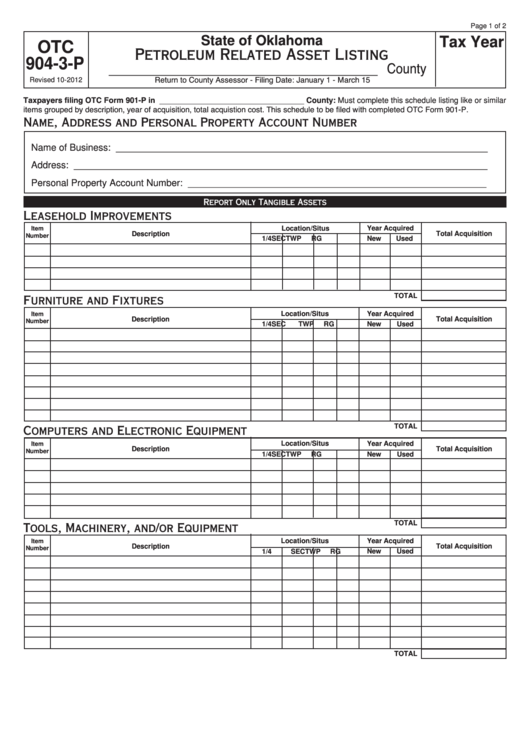 Fillable Form Otc 904-3-P - Petroleum Related Asset Listing Printable pdf