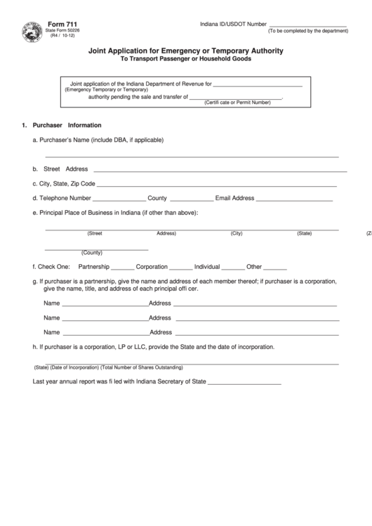 Fillable Form 711 - Joint Application For Emergency Or Temporary Authority - To Transport Passenger Or Household Goods Printable pdf