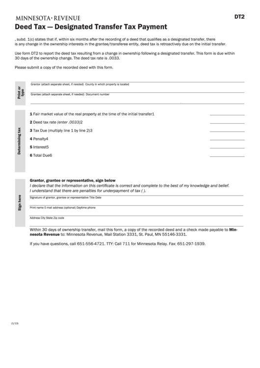 Fillable Form Dt2 - Deed Tax - Designated Transfer Tax Payment Printable pdf