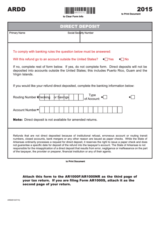 Fillable Form Ardd - Direct Deposit - 2015 Printable pdf