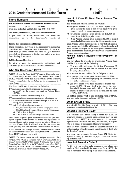 Instructions For Arizona Form 140et - Credit For Increased Excise Taxes - 2014 Printable pdf