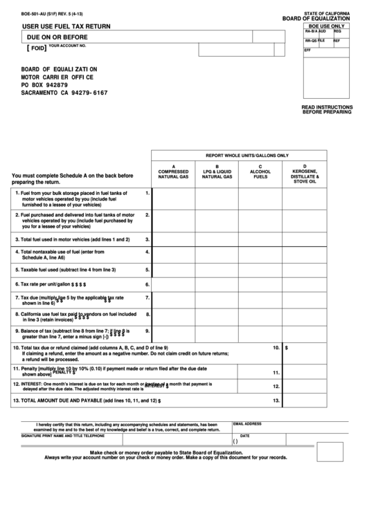 Fillable Form Boe-501-Au - User Use Fuel Tax Return Printable pdf