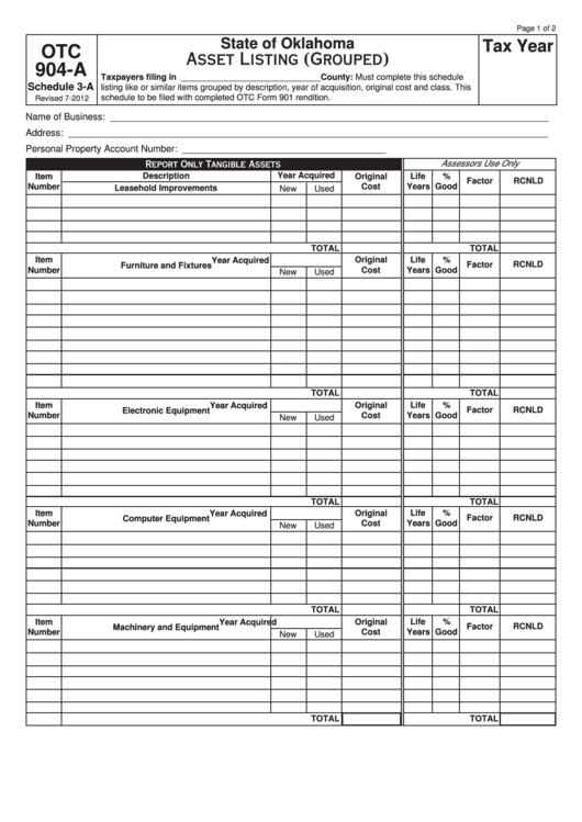 Fillable Form Otc 904-A - Schedule 3-A - Asset Listing (Grouped) Printable pdf