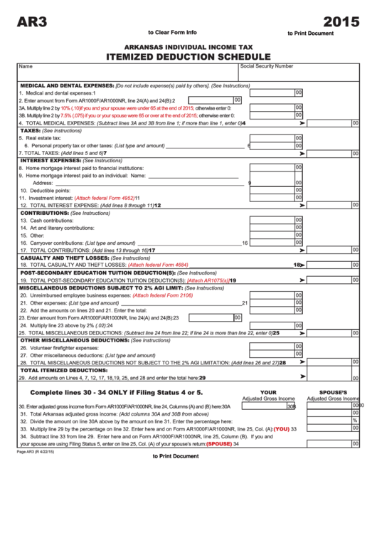Fillable Form Ar3 - Itemized Deduction Schedule - Arkansas Individual Income Tax - 2015 Printable pdf