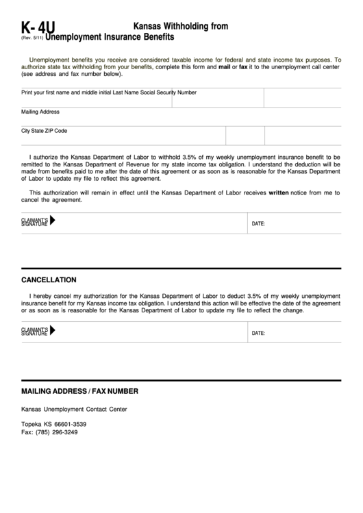 Fillable Form K4u Kansas Withholding From Unemployment Insurance