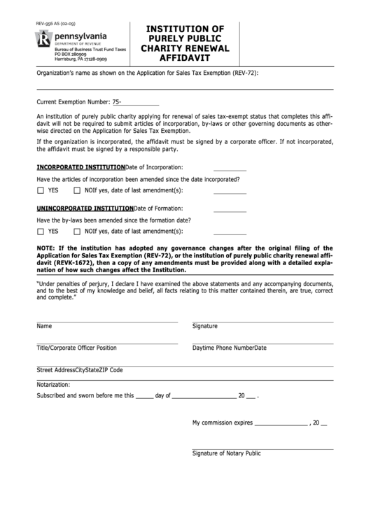 Form Rev-956 As - Institution Of Purely Public Charity Renewal Affidavit Printable pdf