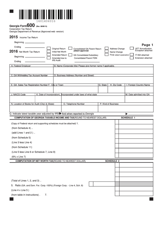 Fillable Georgia Form 600 - Corporation Tax Return - 2015 Printable pdf