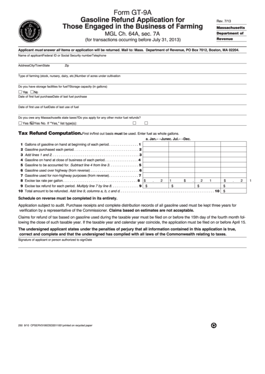 Fillable Form Gt-9a - Gasoline Refund Application For Those Engaged In The Business Of Farming Printable pdf