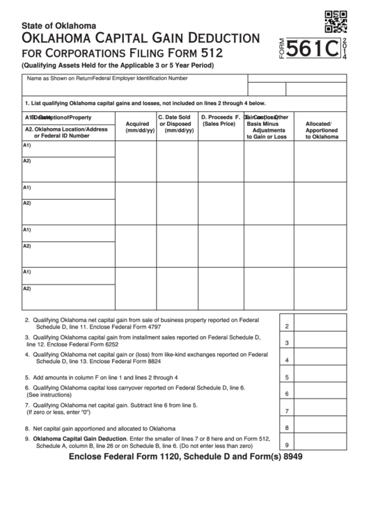 Fillable Form 561c - Oklahoma Capital Gain Deduction - 2014 Printable pdf