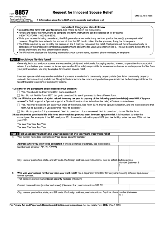 Fillable Form 8857 - Request For Innocent Spouse Relief Printable pdf