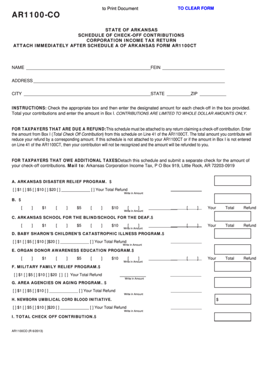 Fillable Form Ar1100-Co - Arkansas Schedule Of Check-Off Contributions Corporation Income Tax Return Printable pdf