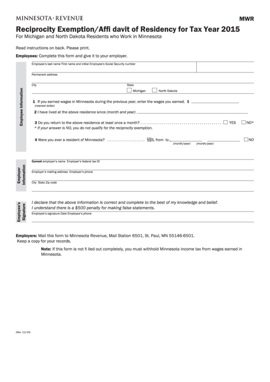 Fillable Form Mwr - Minnesota Reciprocity Exemption/affi Davit Of Residency For Tax Year 2015 Printable pdf