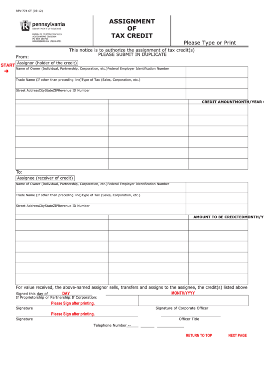 Fillable Pennsylvania Assignment Of Tax Credit Printable pdf