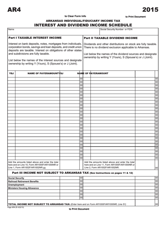Fillable Form Ar4 - Interest And Divident Income Schedule - Arkansas Individual/fiduciary Income Tax - 2015 Printable pdf