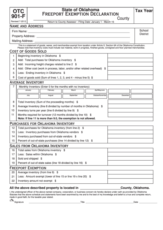 Fillable Form Otc 901-F - Freeport Exemption Declaration Printable pdf