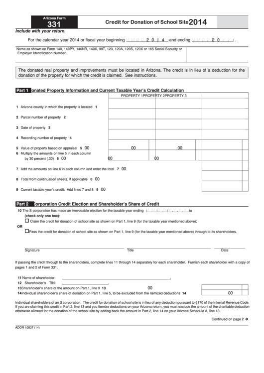 Fillable Form 331 - Arizona Credit For Donation Of School Site - 2014 Printable pdf