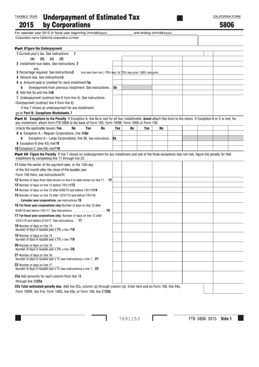 California Form 5806 - Underpayment Of Estimated Tax By Corporations - 2015 Printable pdf