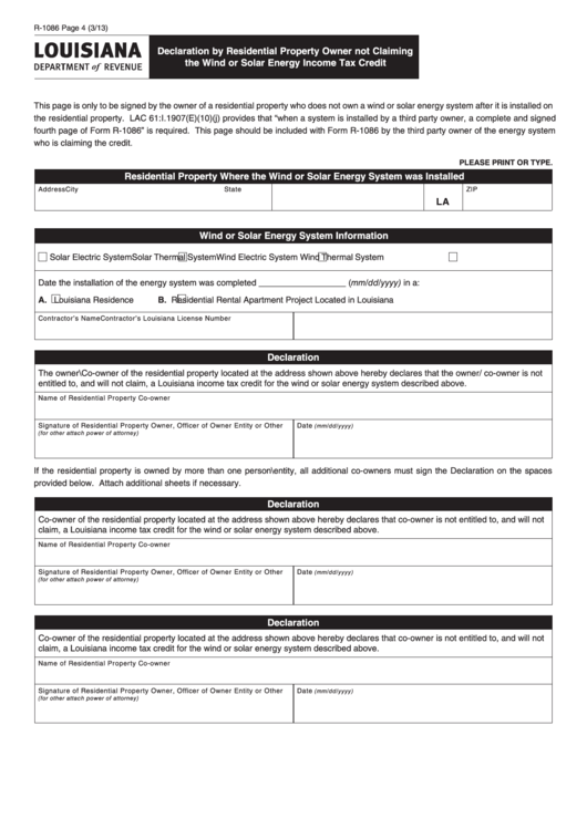 Fillable Form R-1086 - Louisiana Declaration By Residential Property Owner Not Claiming The Wind Or Solar Energy Income Tax Credit Printable pdf