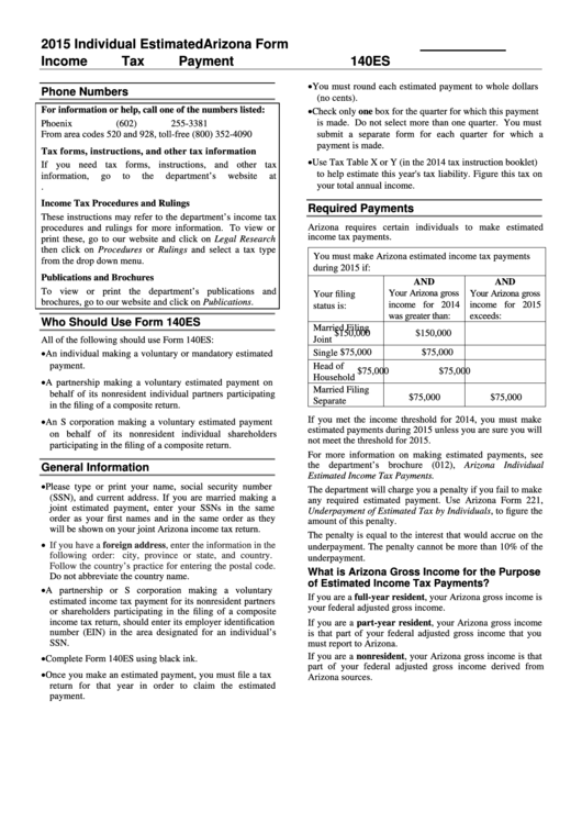 Instructions For Arizona Form 140es - Individual Estimated Income Tax Payment - 2015 Printable pdf