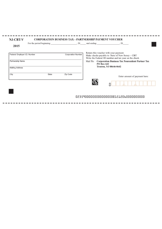 Fillable Form Nj-Cbt-V - Corporation Business Tax - Partnership Payment Voucher - 2015 Printable pdf