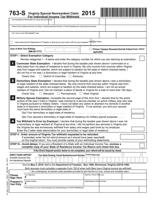 Fillable Form 763-S - Virginia Special Nonresident Claim For Individual Income Tax Withheld - 2015 Printable pdf