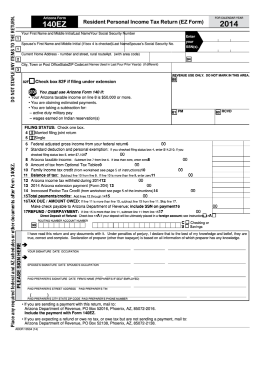 Fillable Arizona Form 140ez Resident Personal Income Tax Return Ez 