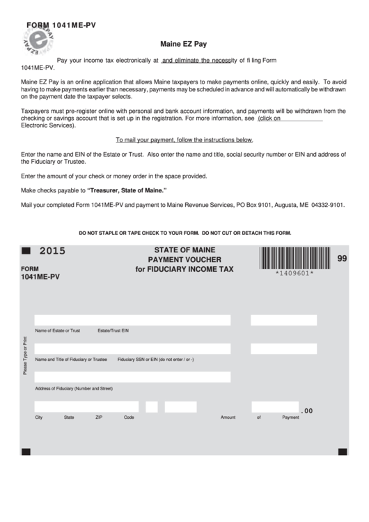 Form 1041me-Pv - Maine Payment Voucher For Fiduciary Income Tax - 2015 Printable pdf